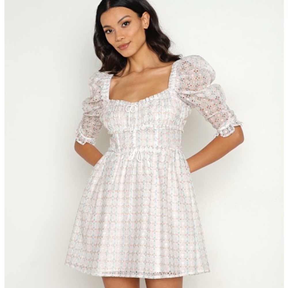 For Love And Lemons White and Blue A-Line Smocked Sundress